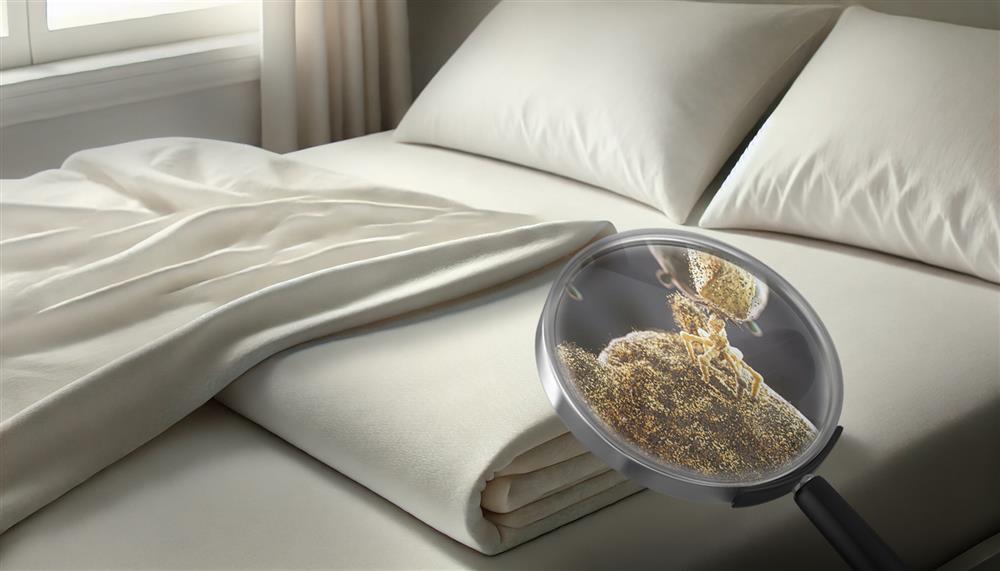 Close-up of folded bed sheets on a mattress with a magnifying glass illustration highlighting microscopic particles in the fabric.